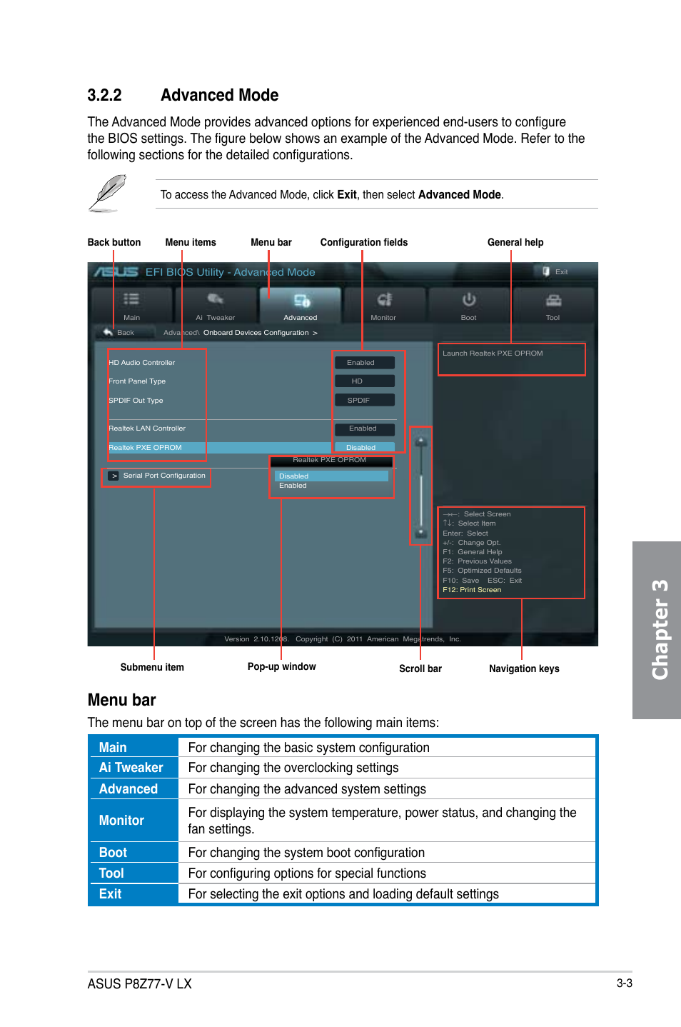 2 advanced mode, Advanced mode -3, Chapter 3 | Menu bar, Asus p8z77-v lx | Asus P8Z77-V LX User Manual | Page 65 / 144