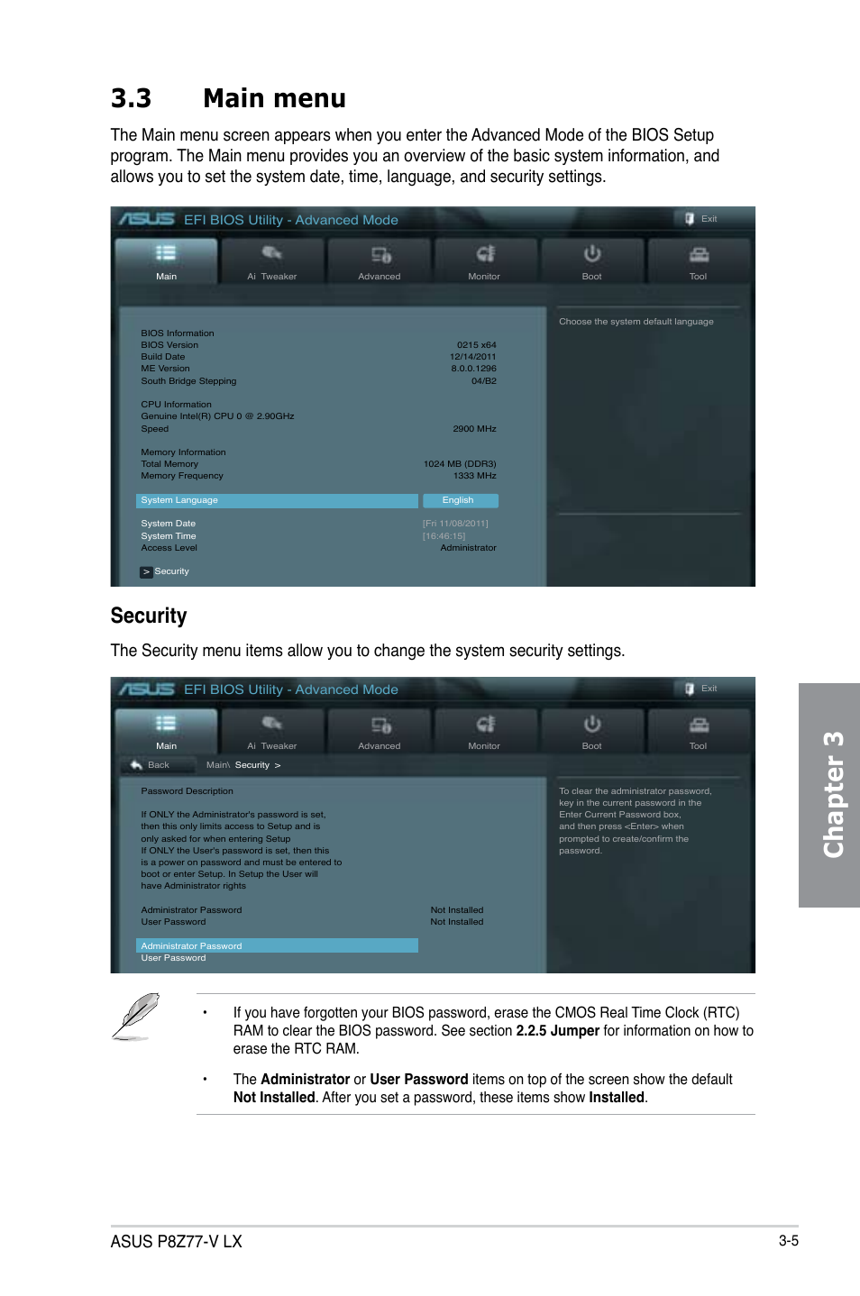 3 main menu, Main menu -5, Chapter 3 3.3 main menu | Security, Asus p8z77-v lx | Asus P8Z77-V LX User Manual | Page 67 / 144