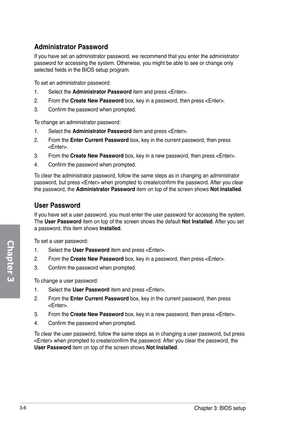 Chapter 3, Administrator password, User password | Asus P8Z77-V LX User Manual | Page 68 / 144