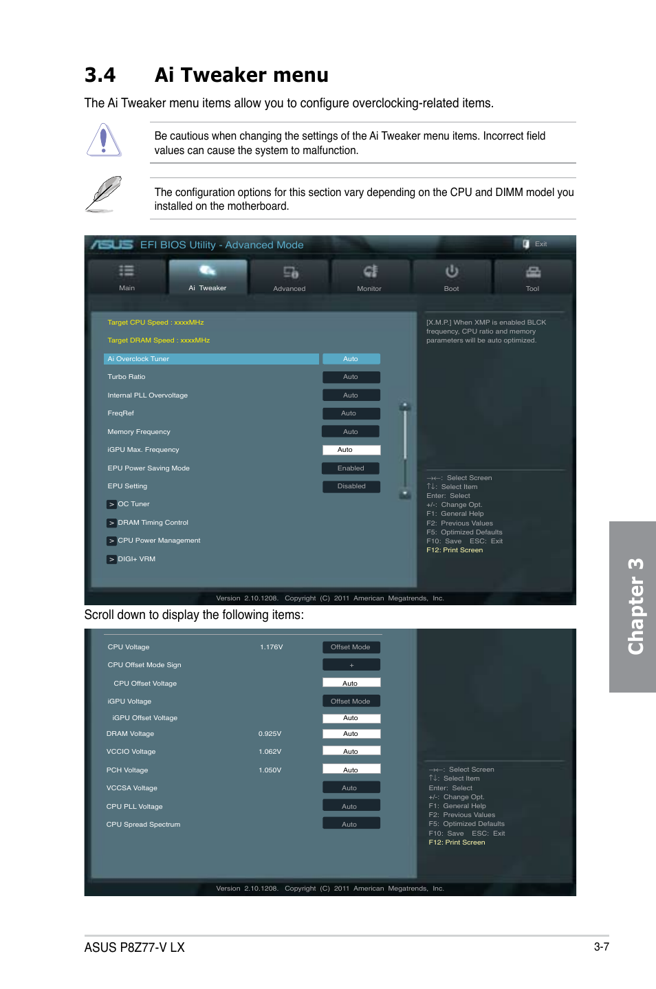 4 ai tweaker menu, Ai tweaker menu -7, Chapter 3 3.4 ai tweaker menu | Asus p8z77-v lx, Scroll down to display the following items, Efi bios utility - advanced mode | Asus P8Z77-V LX User Manual | Page 69 / 144