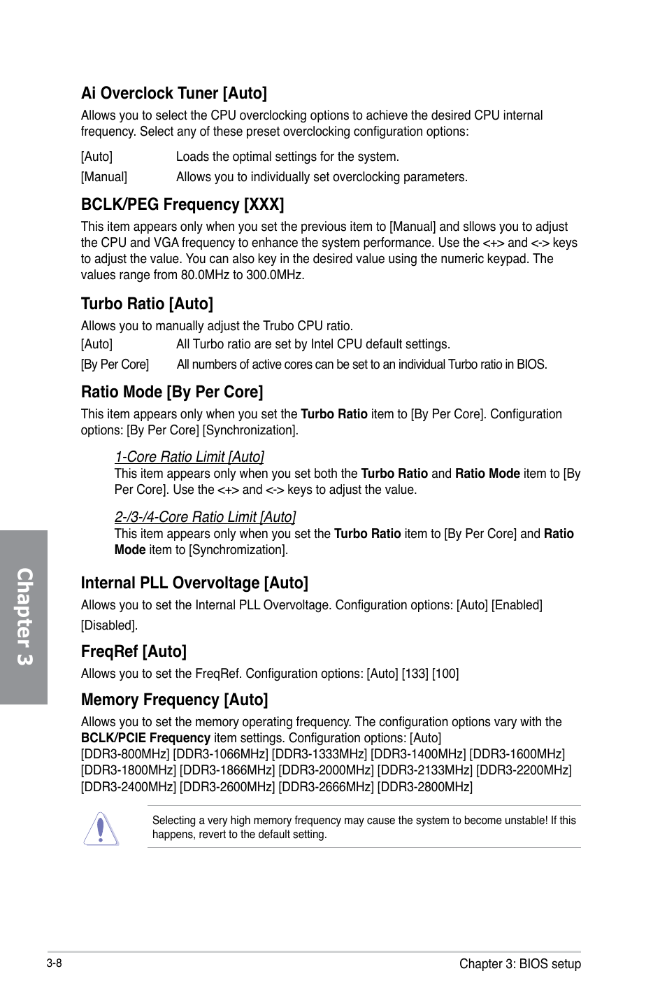 Chapter 3, Ai overclock tuner [auto, Bclk/peg frequency [xxx | Turbo ratio [auto, Ratio mode [by per core, Internal pll overvoltage [auto, Freqref [auto | Asus P8Z77-V LX User Manual | Page 70 / 144