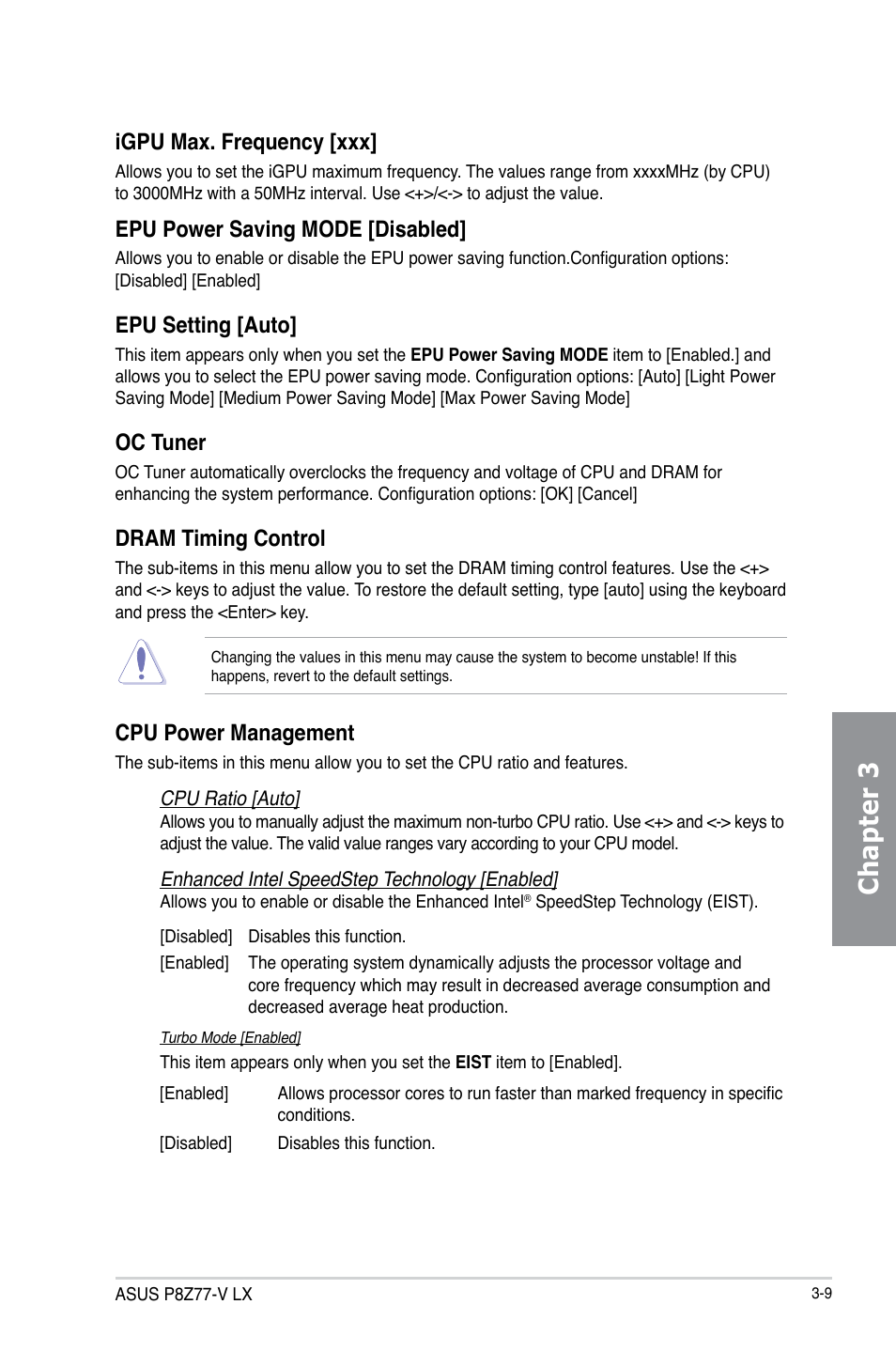 Chapter 3, Igpu max. frequency [xxx, Epu power saving mode [disabled | Epu setting [auto, Oc tuner, Dram timing control, Cpu power management | Asus P8Z77-V LX User Manual | Page 71 / 144