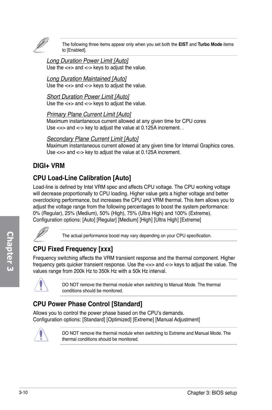 Chapter 3, Digi+ vrm cpu load-line calibration [auto, Cpu fixed frequency [xxx | Cpu power phase control [standard | Asus P8Z77-V LX User Manual | Page 72 / 144