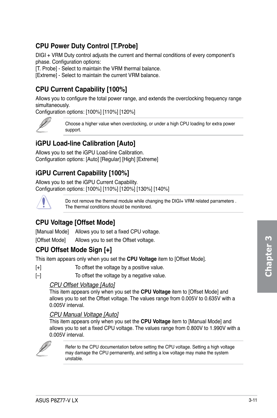 Chapter 3, Cpu power duty control [t.probe, Cpu current capability [100 | Igpu load-line calibration [auto, Igpu current capability [100, Cpu voltage [offset mode, Cpu offset mode sign | Asus P8Z77-V LX User Manual | Page 73 / 144