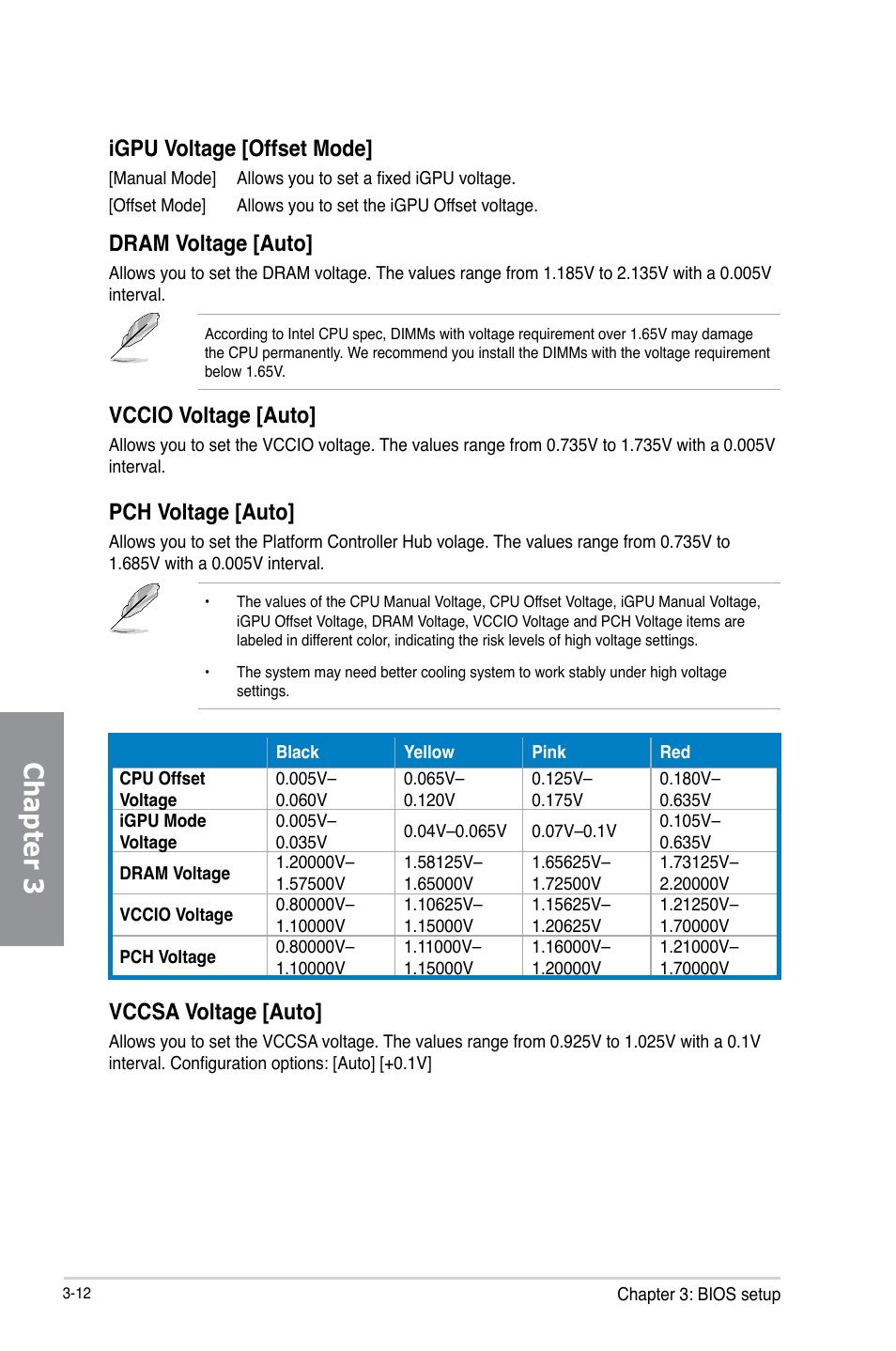 Chapter 3, Igpu voltage [offset mode, Dram voltage [auto | Vccio voltage [auto, Pch voltage [auto, Vccsa voltage [auto | Asus P8Z77-V LX User Manual | Page 74 / 144