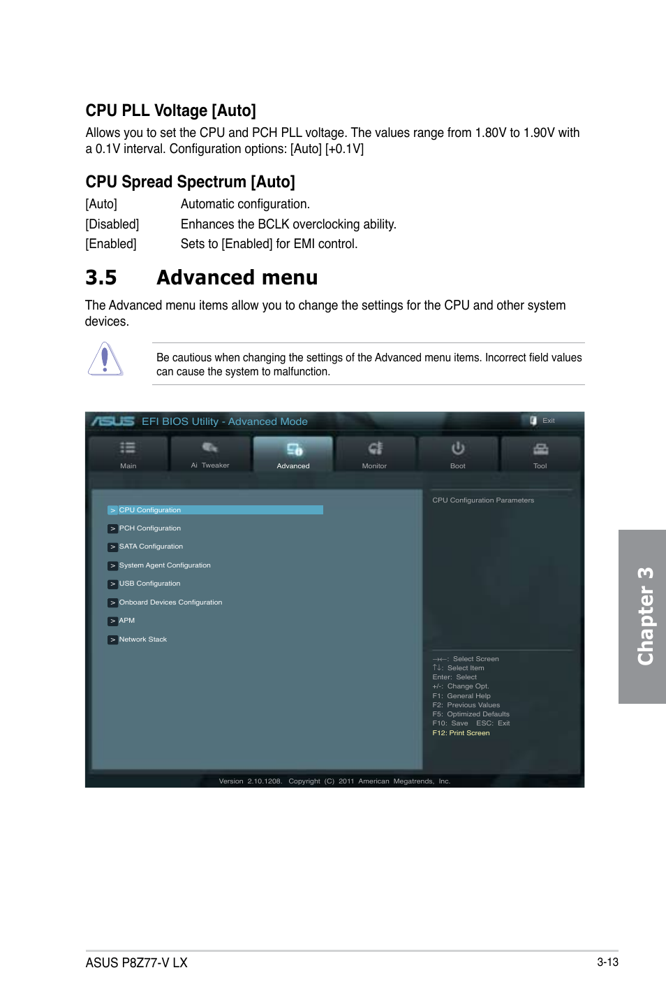 5 advanced menu, Advanced menu -13, Chapter 3 | Cpu pll voltage [auto, Cpu spread spectrum [auto, Asus p8z77-v lx | Asus P8Z77-V LX User Manual | Page 75 / 144