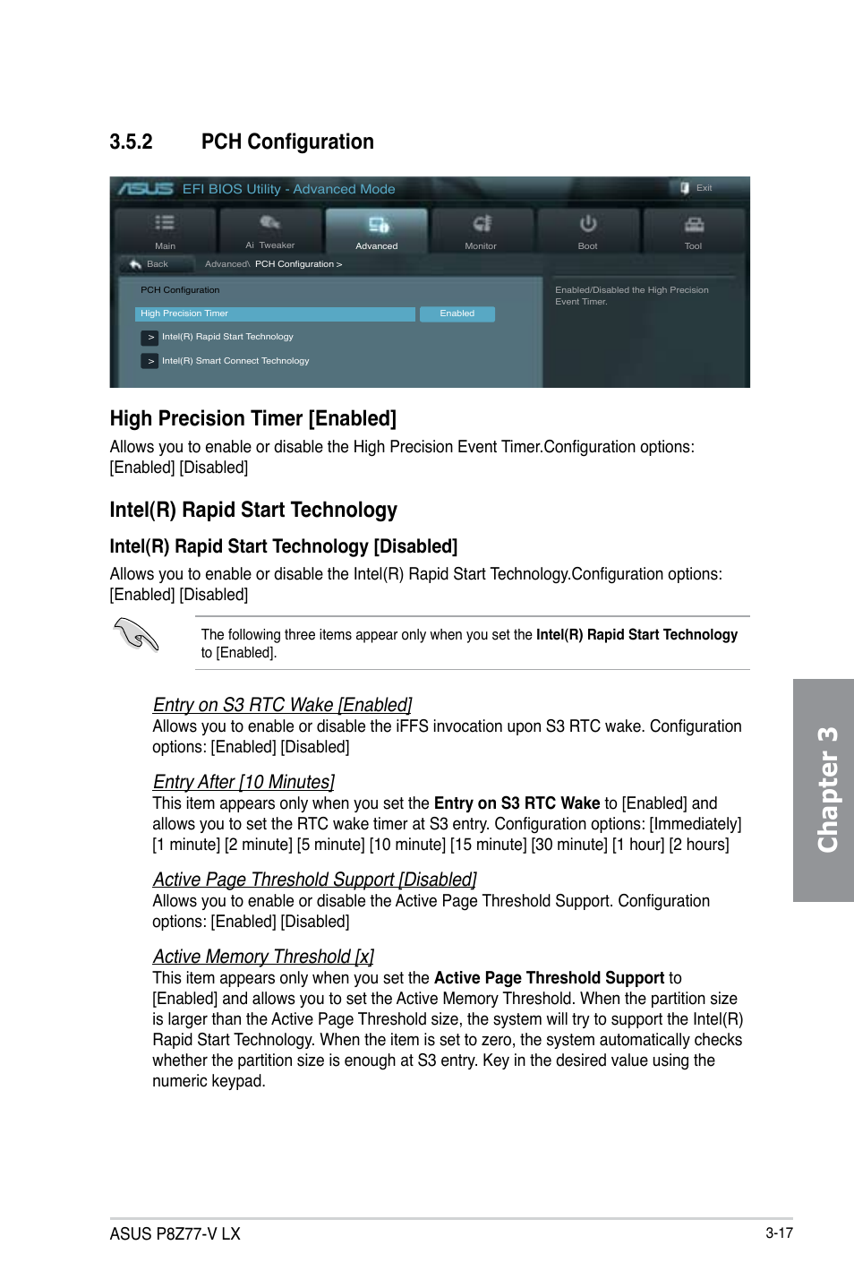 2 pch configuration, Pch configuration -17, Chapter 3 | High precision timer [enabled, Intel(r) rapid start technology, Intel(r) rapid start technology [disabled, Entry on s3 rtc wake [enabled, Entry after [10 minutes, Active page threshold support [disabled | Asus P8Z77-V LX User Manual | Page 79 / 144