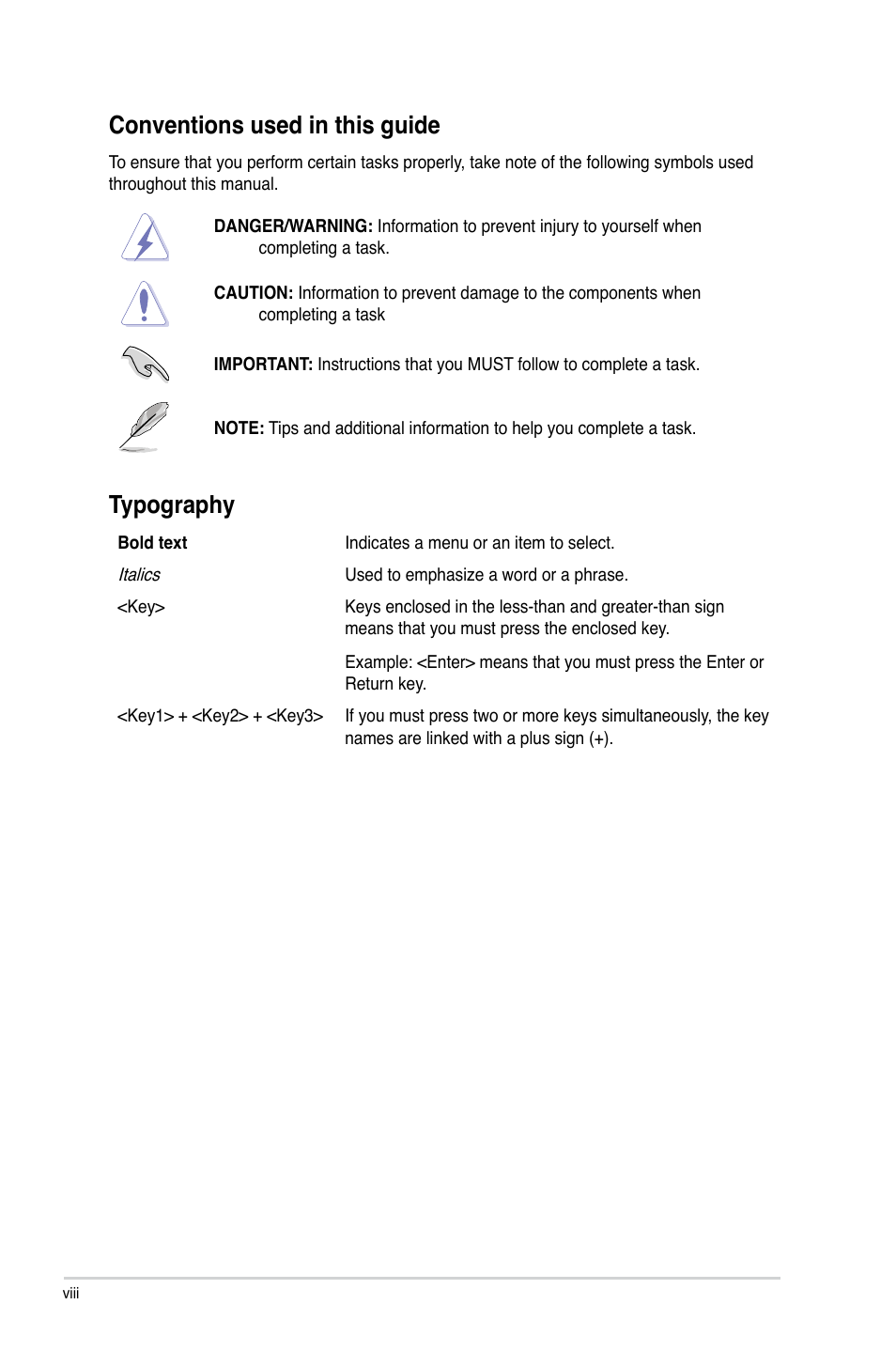 Conventions used in this guide, Typography | Asus P8Z77-V LX User Manual | Page 8 / 144