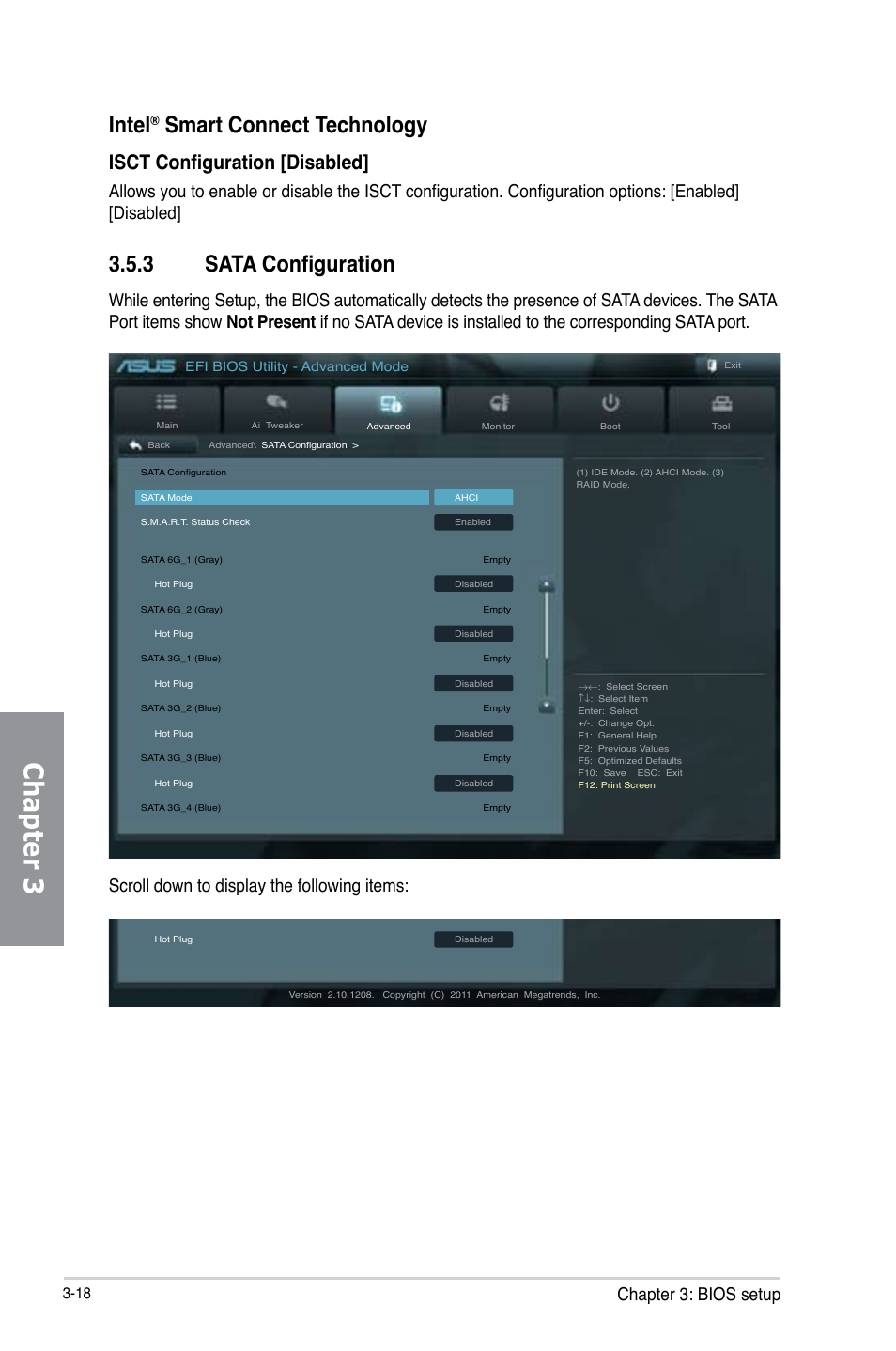 3 sata configuration, Sata configuration -18, Chapter 3 | Intel, Smart connect technology, Isct configuration [disabled, Chapter 3: bios setup | Asus P8Z77-V LX User Manual | Page 80 / 144