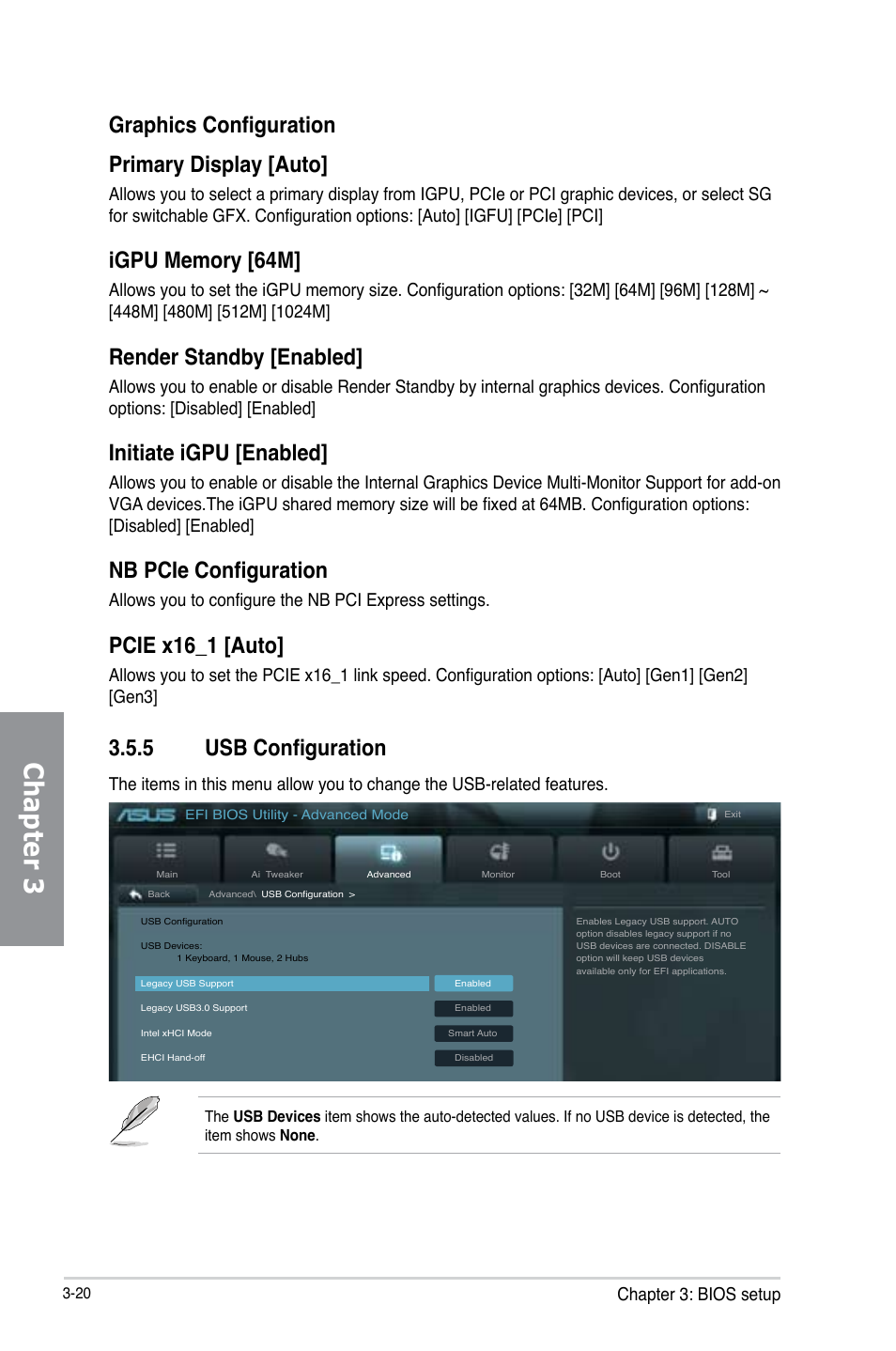 5 usb configuration, Usb configuration -20, Chapter 3 | Graphics configuration primary display [auto, Render standby [enabled, Initiate igpu [enabled, Nb pcie configuration, Pcie x16_1 [auto, Chapter 3: bios setup | Asus P8Z77-V LX User Manual | Page 82 / 144