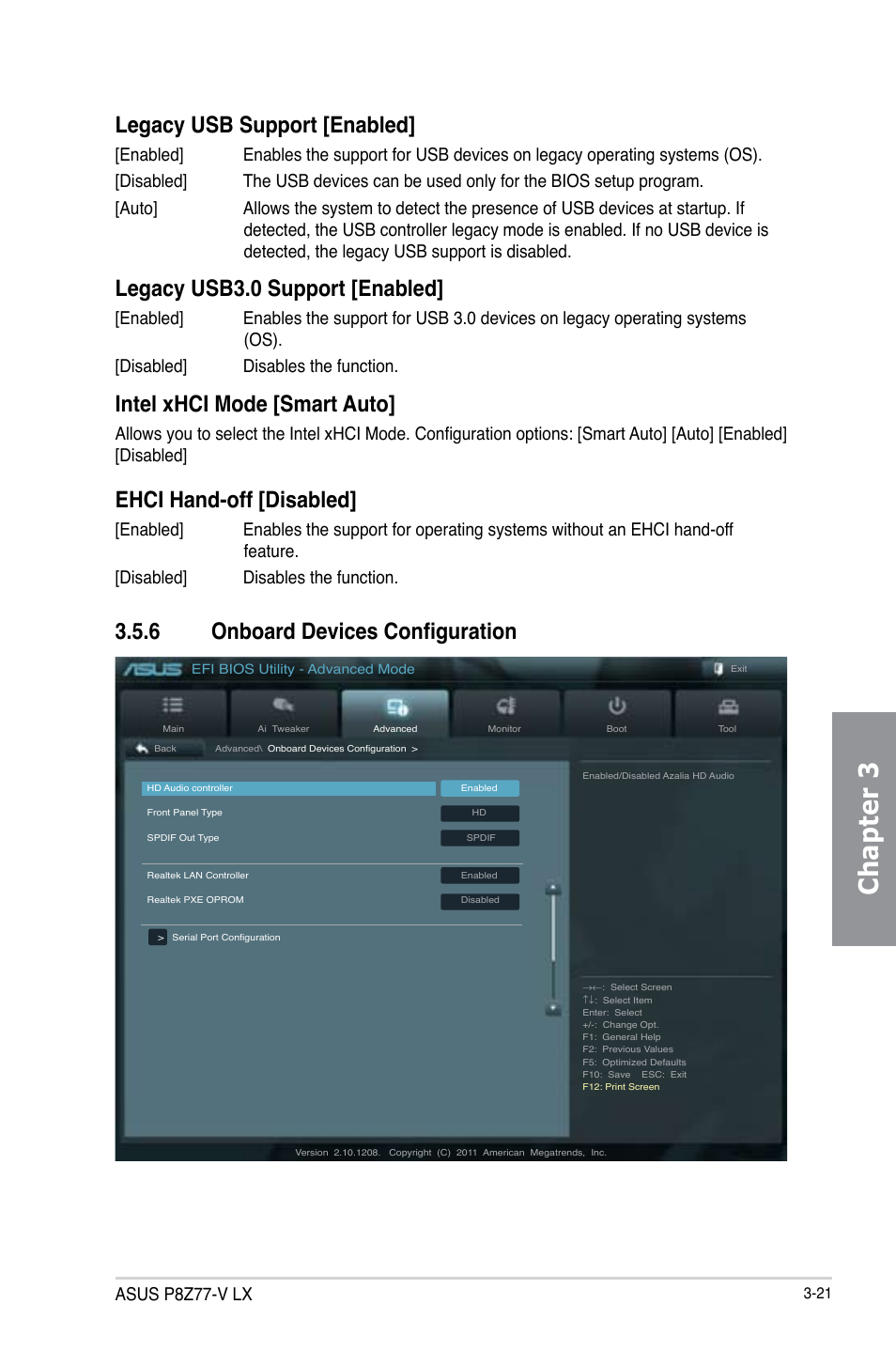 6 onboard devices configuration, Onboard devices configuration -21, Chapter 3 | Legacy usb support [enabled, Legacy usb3.0 support [enabled, Intel xhci mode [smart auto, Ehci hand-off [disabled, Asus p8z77-v lx | Asus P8Z77-V LX User Manual | Page 83 / 144