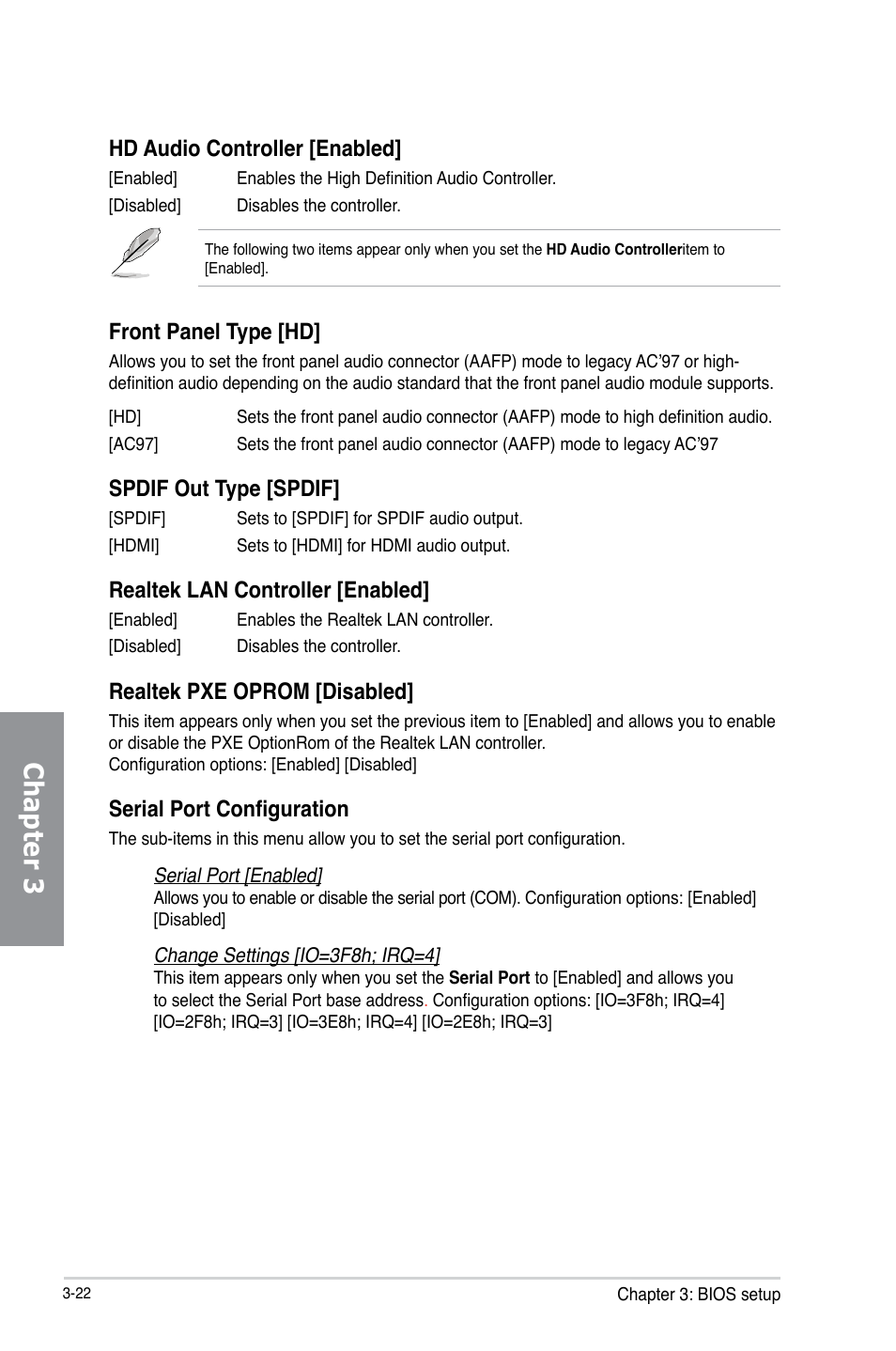 Chapter 3, Hd audio controller [enabled, Front panel type [hd | Spdif out type [spdif, Realtek lan controller [enabled, Realtek pxe oprom [disabled, Serial port configuration | Asus P8Z77-V LX User Manual | Page 84 / 144