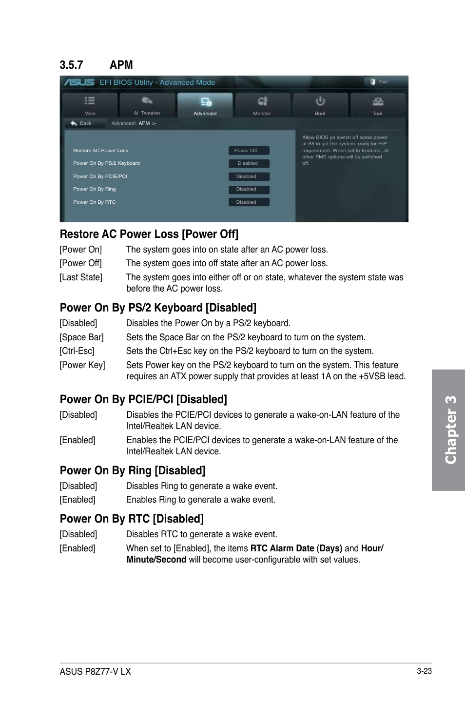 7 apm, Apm -23, Chapter 3 | Restore ac power loss [power off, Power on by ps/2 keyboard [disabled, Power on by pcie/pci [disabled, Power on by ring [disabled, Power on by rtc [disabled, Asus p8z77-v lx | Asus P8Z77-V LX User Manual | Page 85 / 144