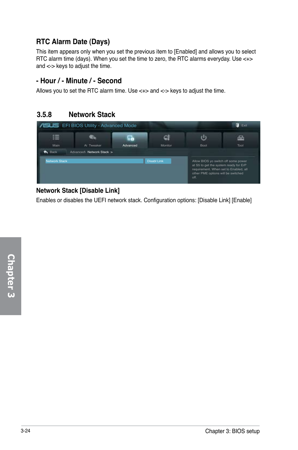 8 network stack, Network stack -24, Chapter 3 | Rtc alarm date (days), Hour / - minute / - second, Network stack [disable link, Chapter 3: bios setup | Asus P8Z77-V LX User Manual | Page 86 / 144