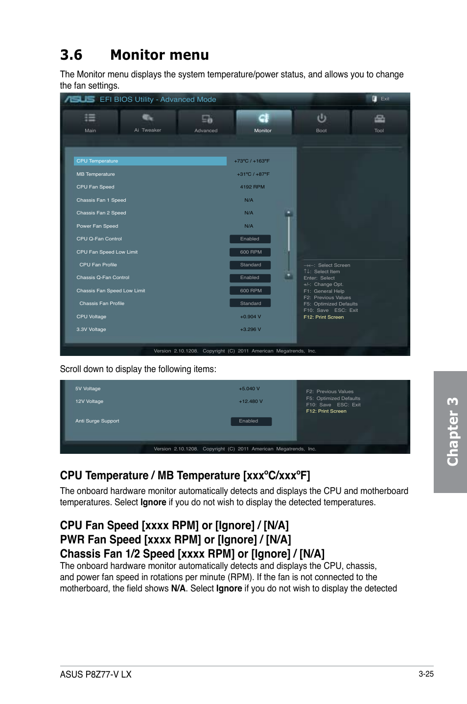 6 monitor menu, Monitor menu -25, Chapter 3 3.6 monitor menu | Cpu temperature / mb temperature [xxxºc/xxxºf, Asus p8z77-v lx | Asus P8Z77-V LX User Manual | Page 87 / 144