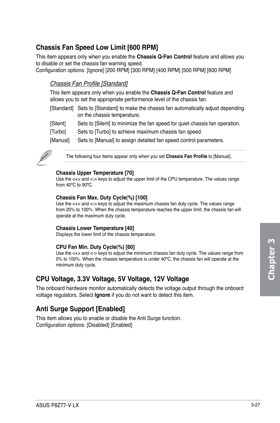 Chapter 3, Chassis fan speed low limit [600 rpm, Anti surge support [enabled | Asus P8Z77-V LX User Manual | Page 89 / 144