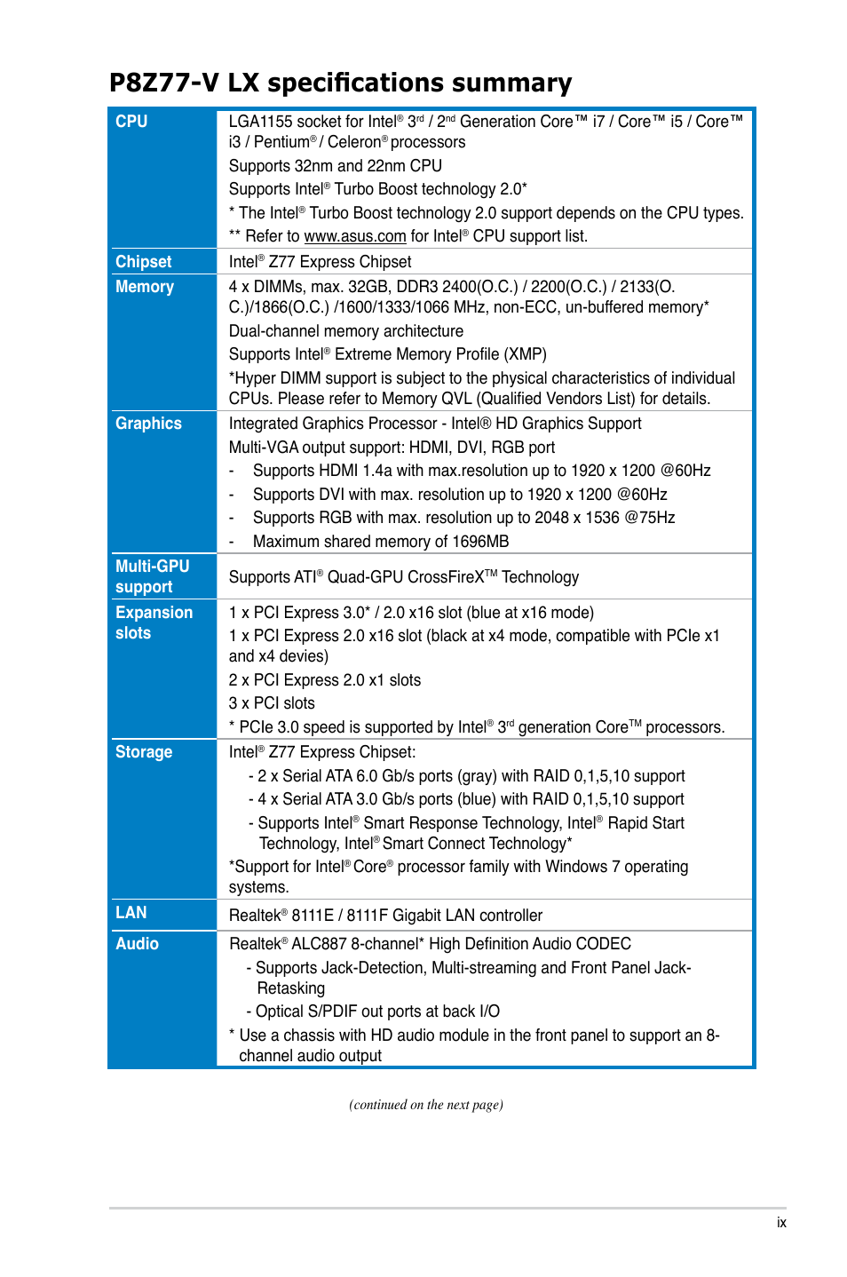 P8z77-v lx specifications summary | Asus P8Z77-V LX User Manual | Page 9 / 144