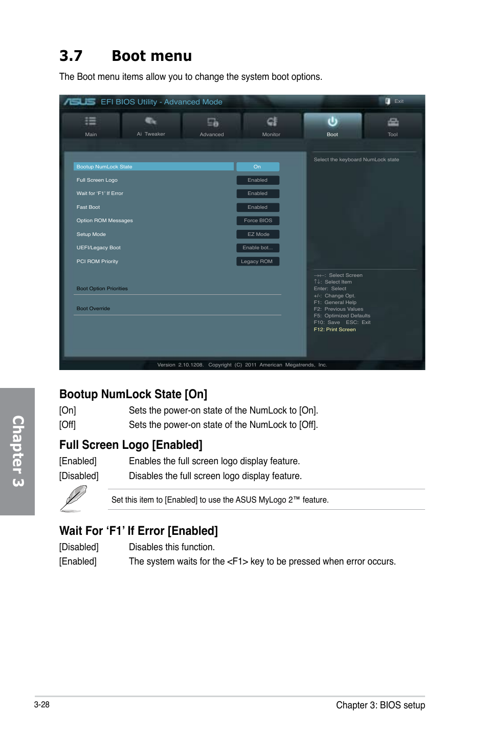 7 boot menu, Boot menu -28, Chapter 3 3.7 boot menu | Bootup numlock state [on, Full screen logo [enabled, Wait for ‘f1’ if error [enabled, Chapter 3: bios setup | Asus P8Z77-V LX User Manual | Page 90 / 144