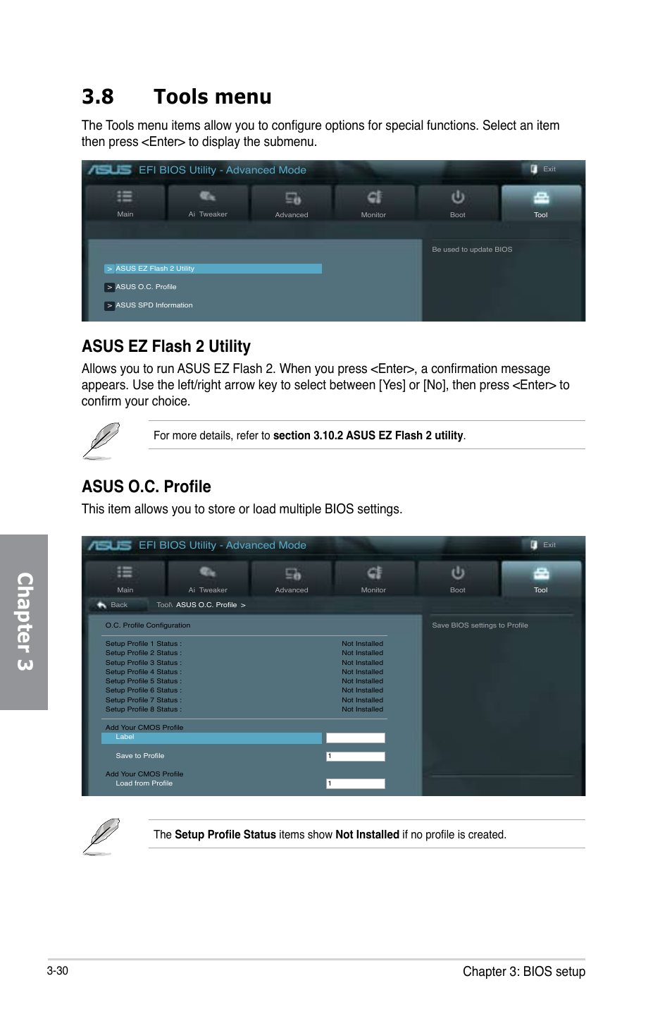 8 tools menu, Tools menu -30, Chapter 3 3.8 tools menu | Asus ez flash 2 utility, Asus o.c. profile, Chapter 3: bios setup | Asus P8Z77-V LX User Manual | Page 92 / 144