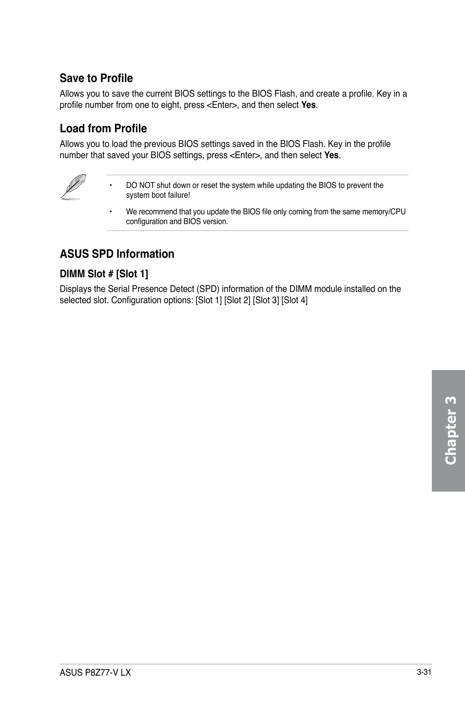 Chapter 3, Save to profile, Load from profile | Asus spd information | Asus P8Z77-V LX User Manual | Page 93 / 144