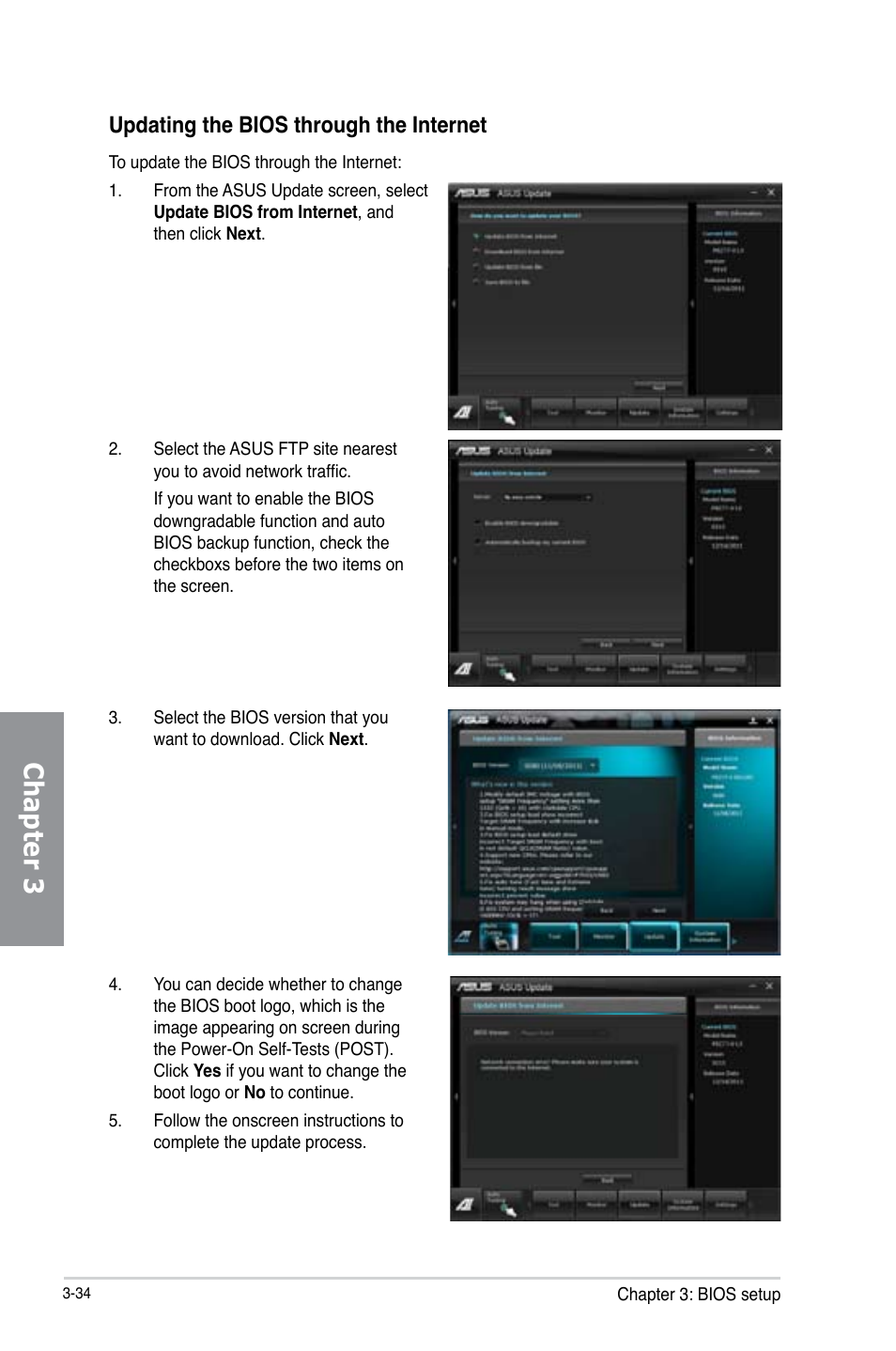 Chapter 3, Updating the bios through the internet | Asus P8Z77-V LX User Manual | Page 96 / 144