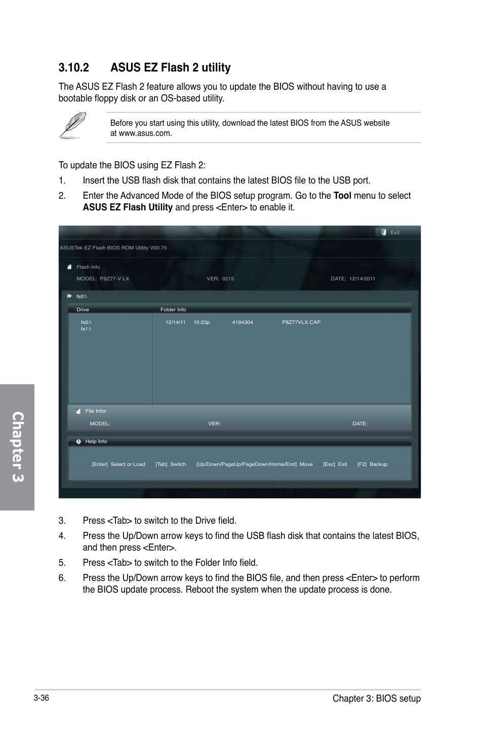 2 asus ez flash 2 utility, Asus ez flash 2 utility -36, Chapter 3 | Chapter 3: bios setup | Asus P8Z77-V LX User Manual | Page 98 / 144