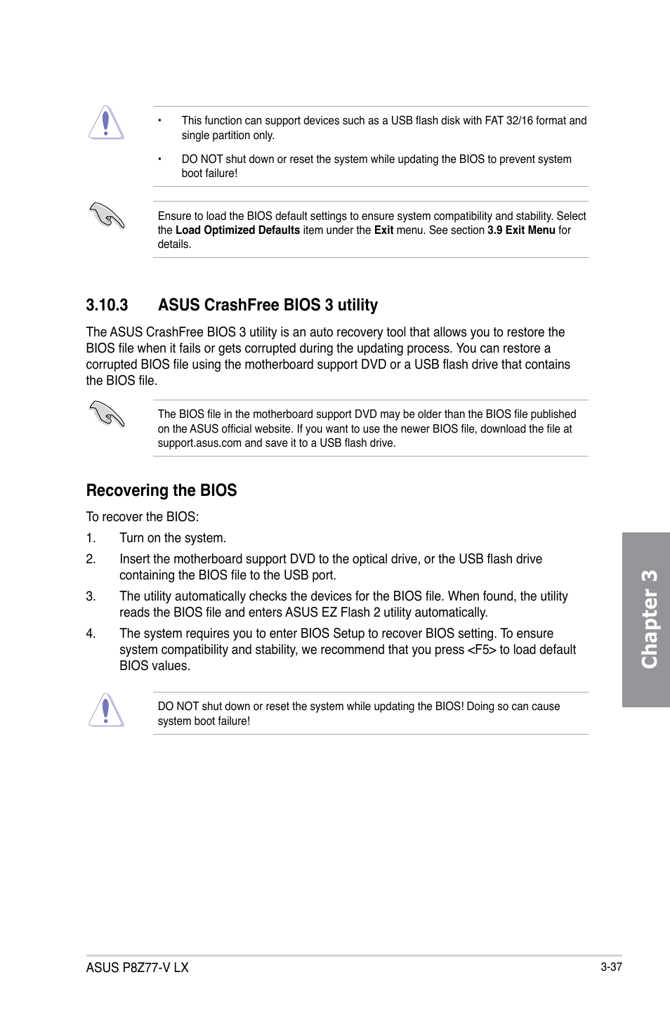 3 asus crashfree bios 3 utility, Asus crashfree bios 3 utility -37, Chapter 3 | Recovering the bios | Asus P8Z77-V LX User Manual | Page 99 / 144