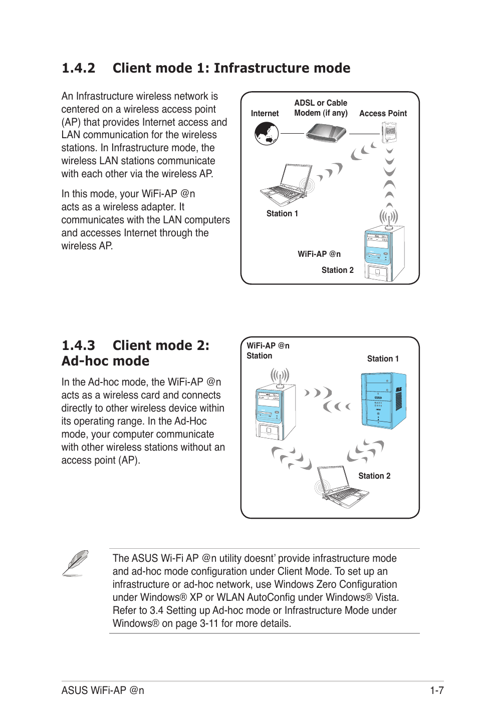 2 client mode 1: infrastructure mode, 3 client mode 2: ad-hoc mode, Client mode 1: infrastructure mode -7 | Client mode 2: ad-hoc mode -7 | Asus M4A88T-I DELUXE User Manual | Page 13 / 44