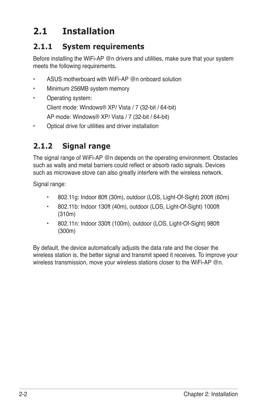 1 installation, 1 system requirements, 2 signal range | Installation -2 2.1.1, System requirements -2, Signal range -2 | Asus M4A88T-I DELUXE User Manual | Page 16 / 44