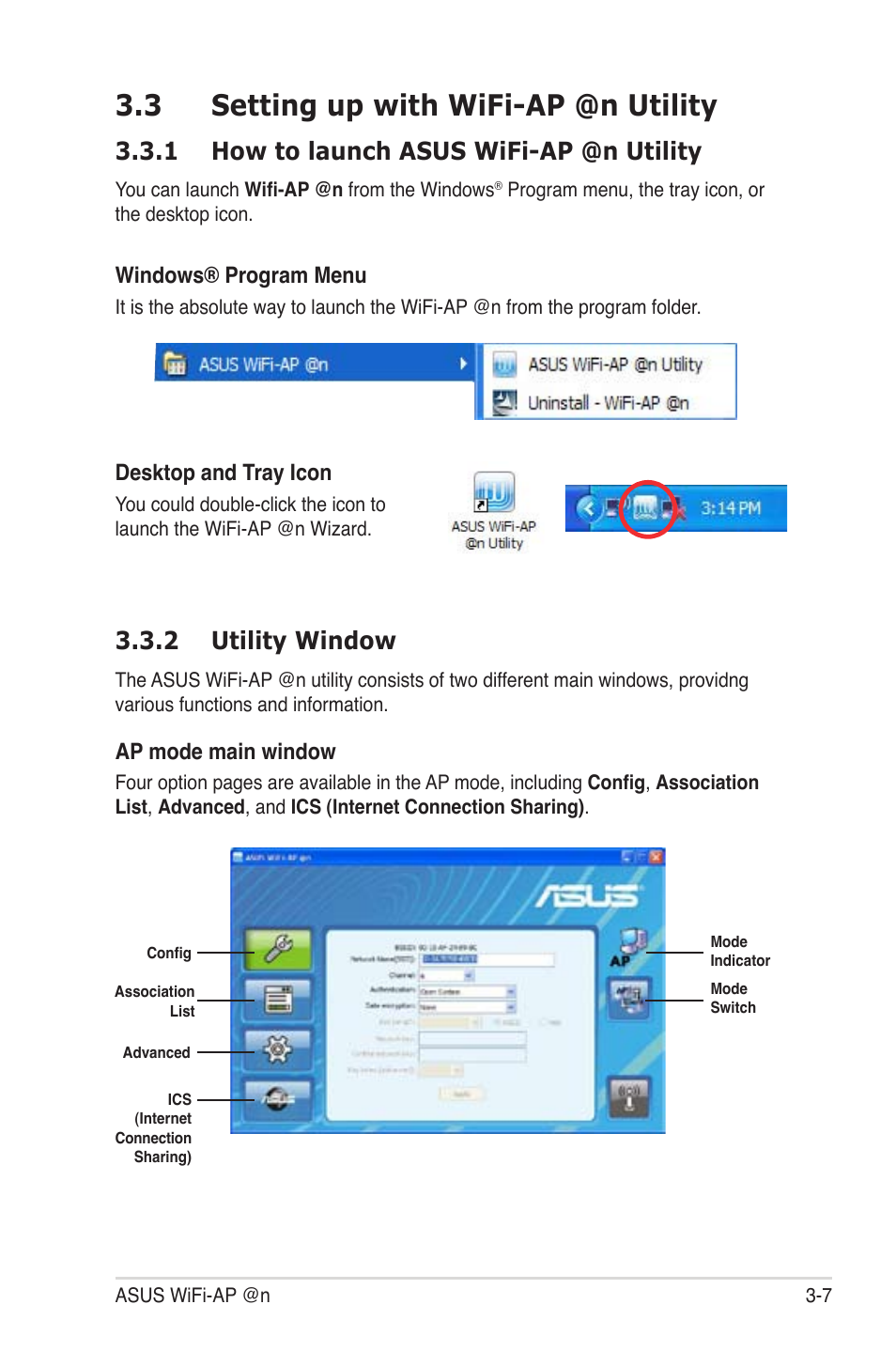 3 setting up with wifi-ap @n utility, 1 how to launch asus wifi-ap @n utility, 2 utility window | Setting up with wifi-ap @n utility -7 3.3.1, How to launch asus wifi-ap @n utility -7, Utility window -7, Windows® program menu, Ap mode main window, Desktop and tray icon | Asus M4A88T-I DELUXE User Manual | Page 25 / 44