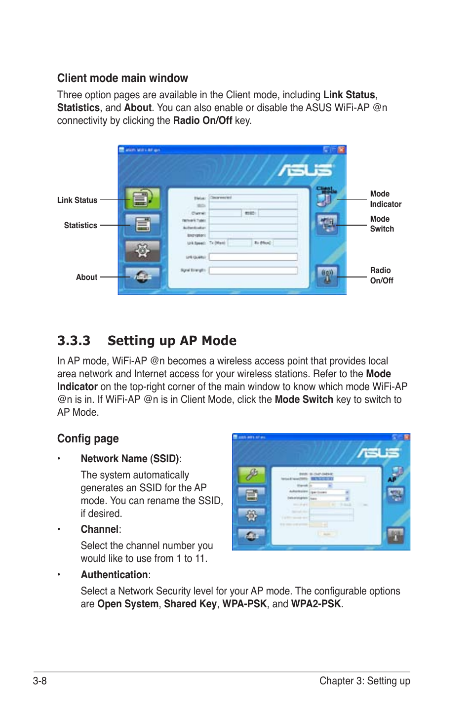 3 setting up ap mode, Setting up ap mode -8, Config page | Client mode main window | Asus M4A88T-I DELUXE User Manual | Page 26 / 44