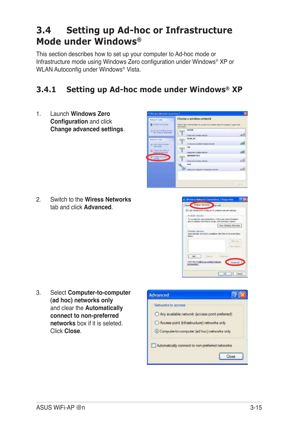 1 setting up ad-hoc mode under windows® xp, Setting up ad-hoc or infrastructure mode, Under windows | Setting up ad-hoc mode under windows, Xp -15, 1 setting up ad-hoc mode under windows | Asus M4A88T-I DELUXE User Manual | Page 33 / 44