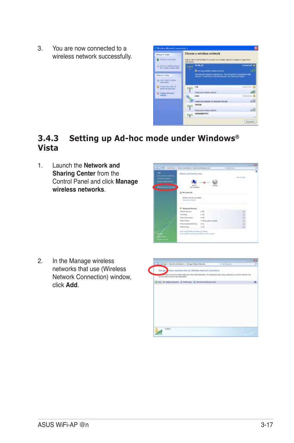 3 setting up ad-hoc mode under windows® vista, Setting up ad-hoc mode under windows, Vista -17 | 3 setting up ad-hoc mode under windows, Vista | Asus M4A88T-I DELUXE User Manual | Page 35 / 44