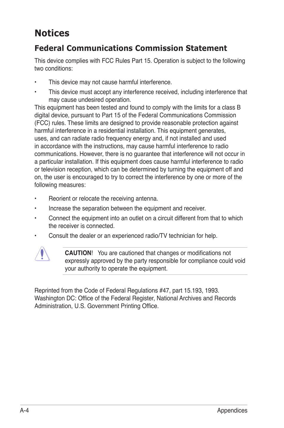 Notices, Federal communications commission statement | Asus M4A88T-I DELUXE User Manual | Page 42 / 44