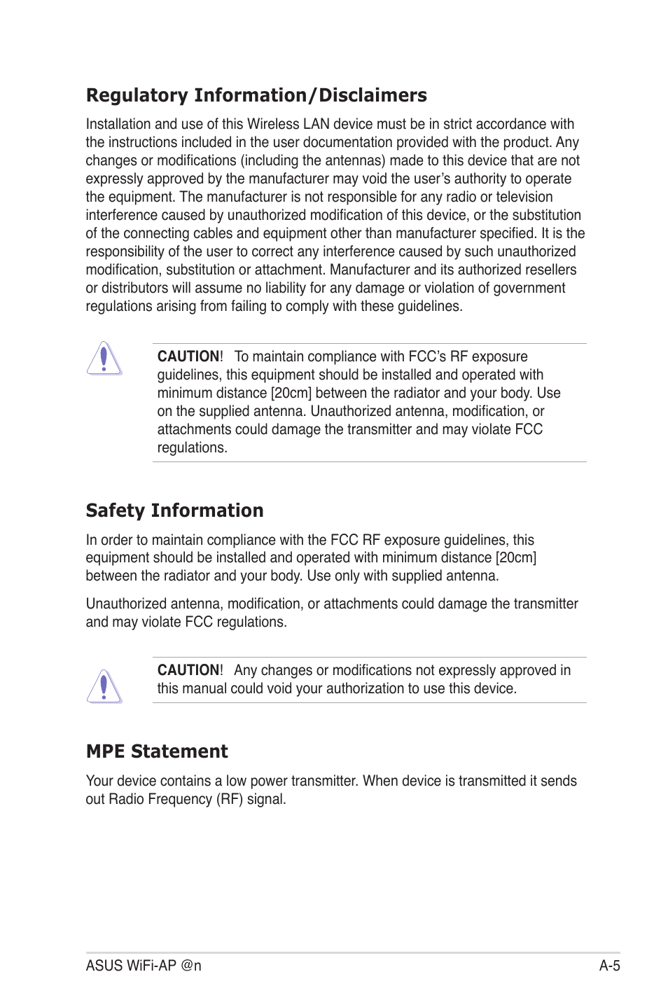 Regulatory information/disclaimers, Safety information, Mpe statement | Asus M4A88T-I DELUXE User Manual | Page 43 / 44