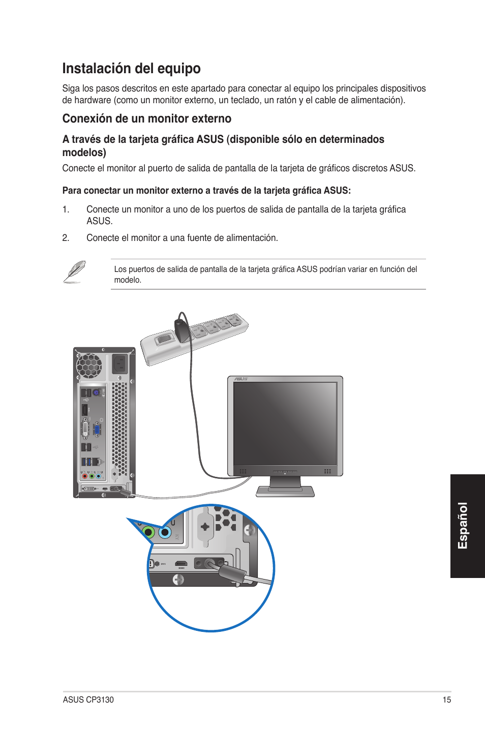 Instalación del equipo, Español, Conexión de un monitor externo | Asus CP3130 User Manual | Page 15 / 68