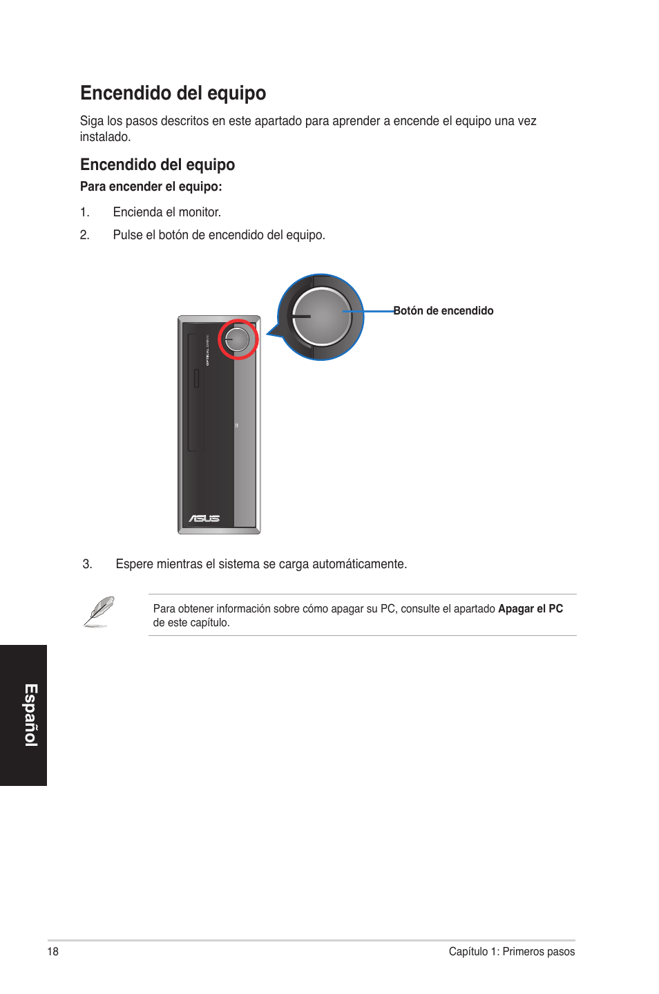 Encendido del equipo, Español | Asus CP3130 User Manual | Page 18 / 68