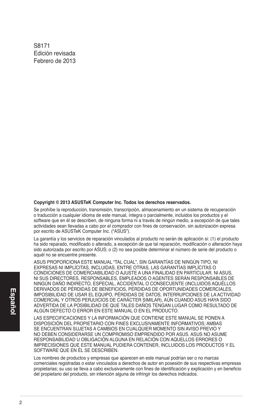 Español | Asus CP3130 User Manual | Page 2 / 68