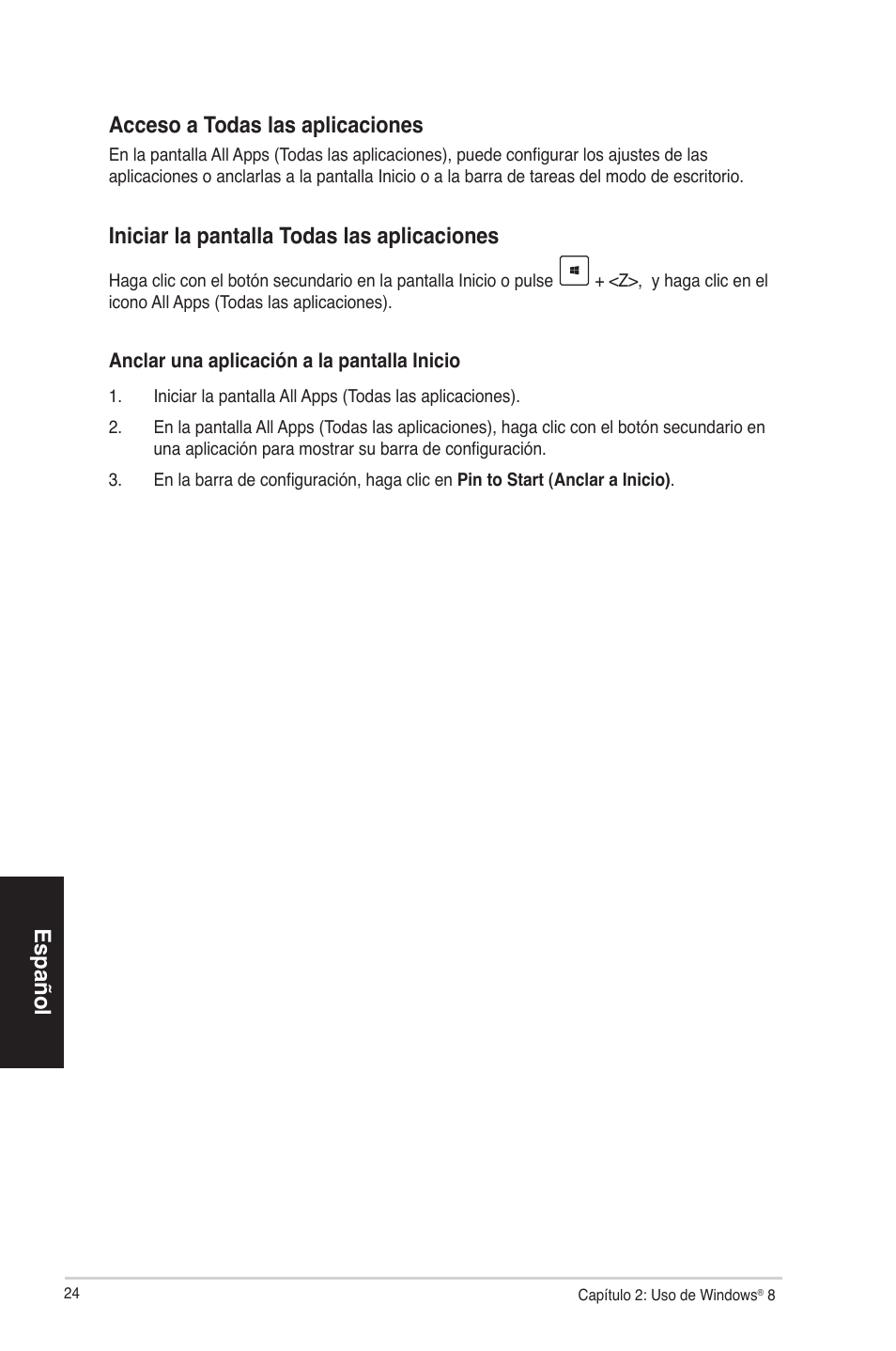 Español, Español acceso a todas las aplicaciones, Iniciar la pantalla todas las aplicaciones | Asus CP3130 User Manual | Page 24 / 68