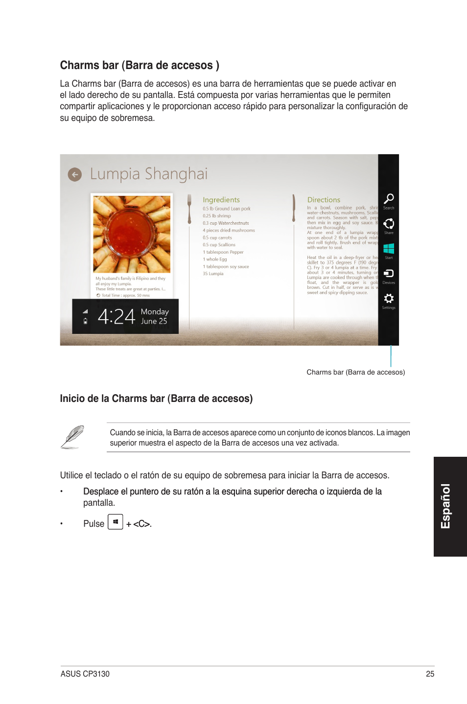Español, Español charms bar (barra de accesos ) | Asus CP3130 User Manual | Page 25 / 68