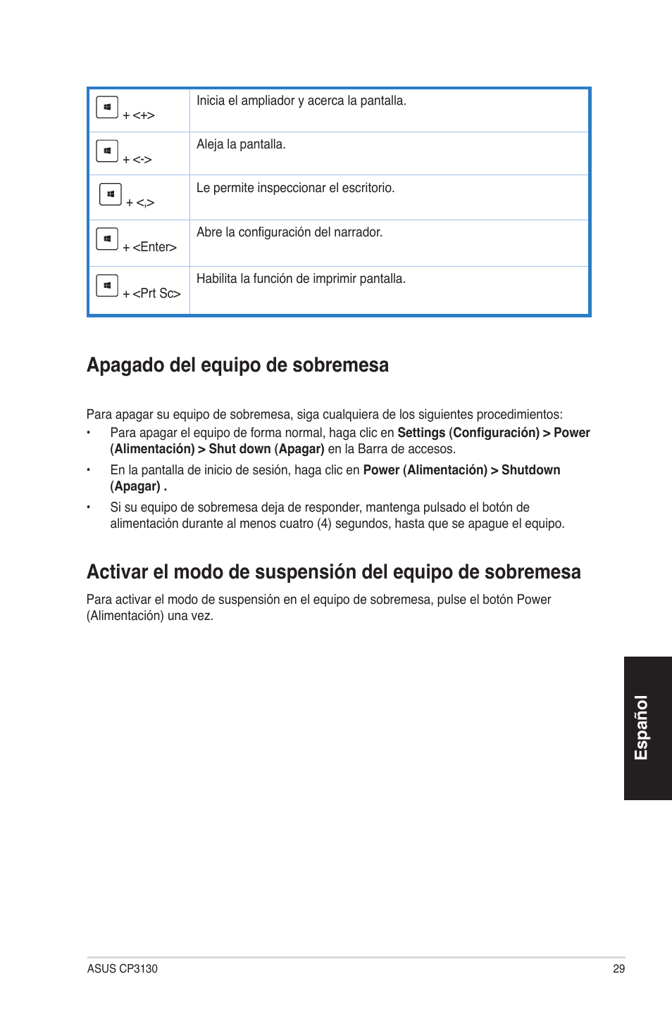 Apagado del equipo de sobremesa, Español | Asus CP3130 User Manual | Page 29 / 68