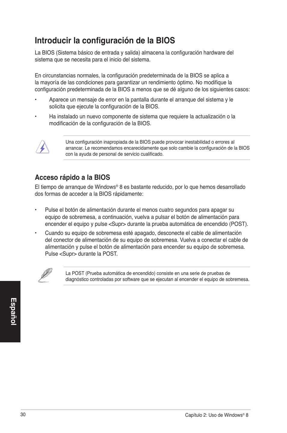 Introducir la configuración de la bios, Español, Acceso rápido a la bios | Asus CP3130 User Manual | Page 30 / 68