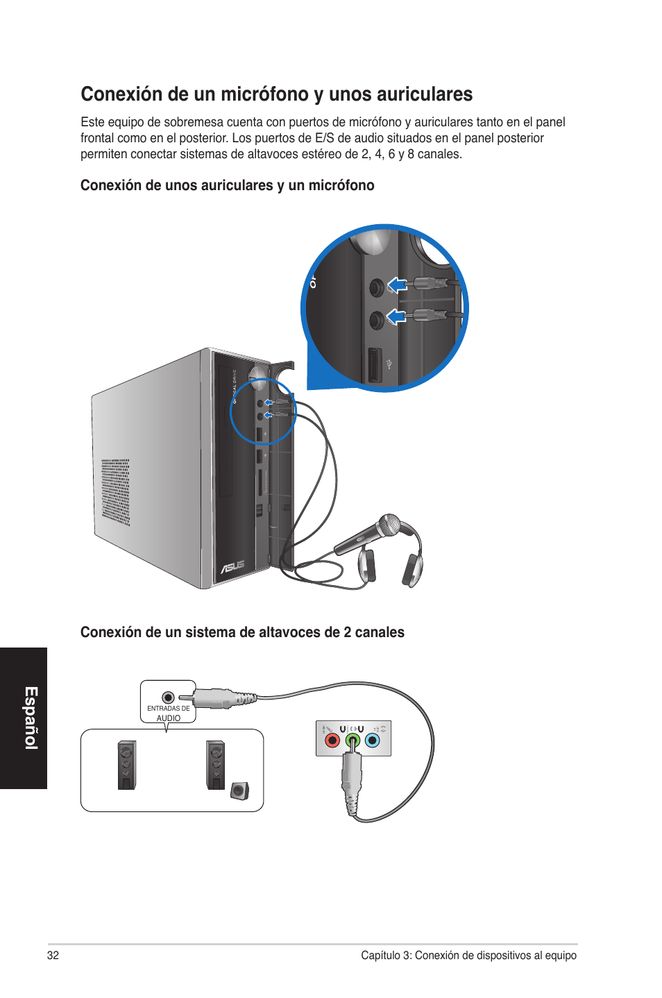 Conexión de un micrófono y unos auriculares, Español | Asus CP3130 User Manual | Page 32 / 68