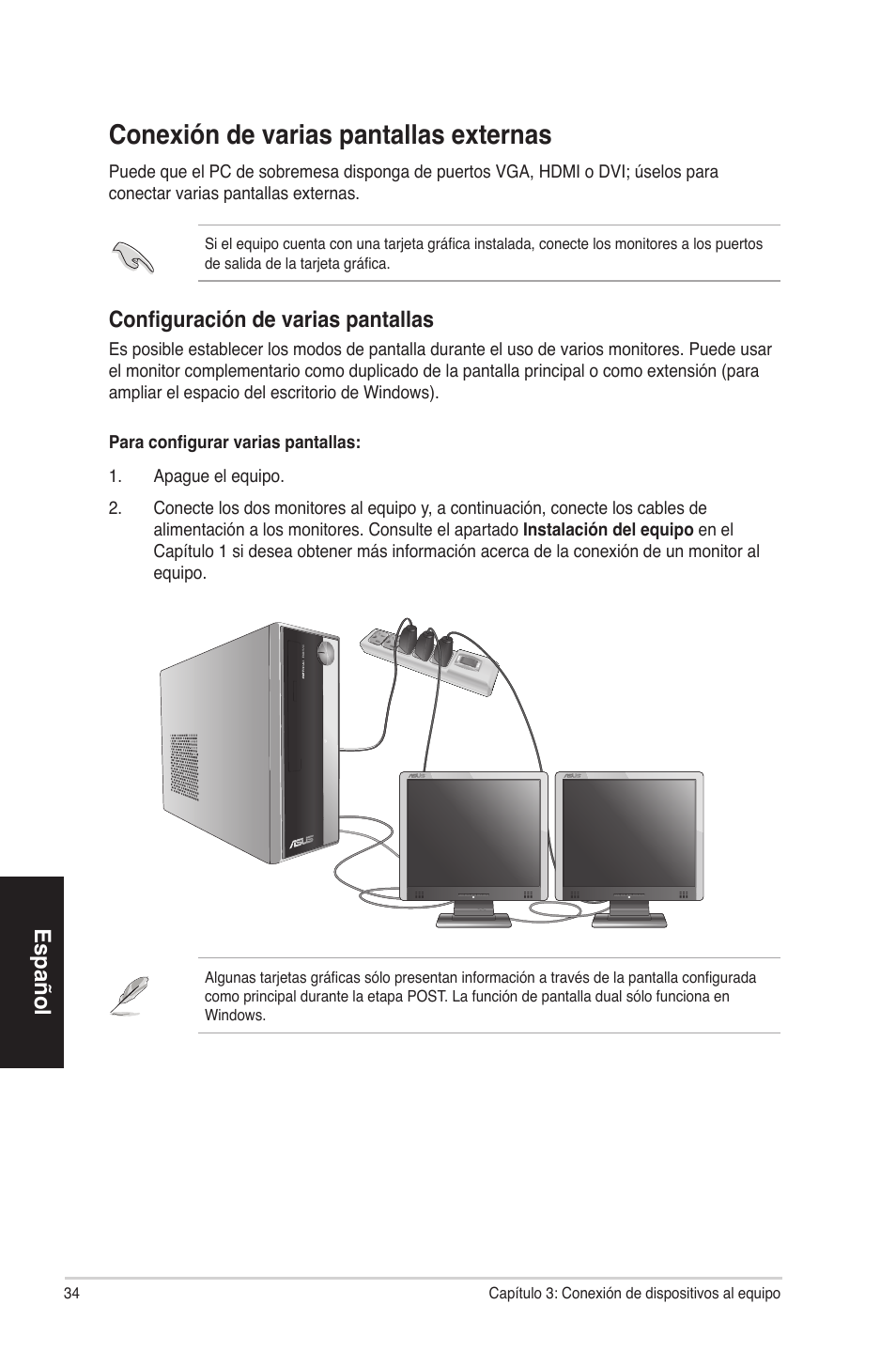 Conexión de varias pantallas externas, Español, Configuración de varias pantallas | Asus CP3130 User Manual | Page 34 / 68