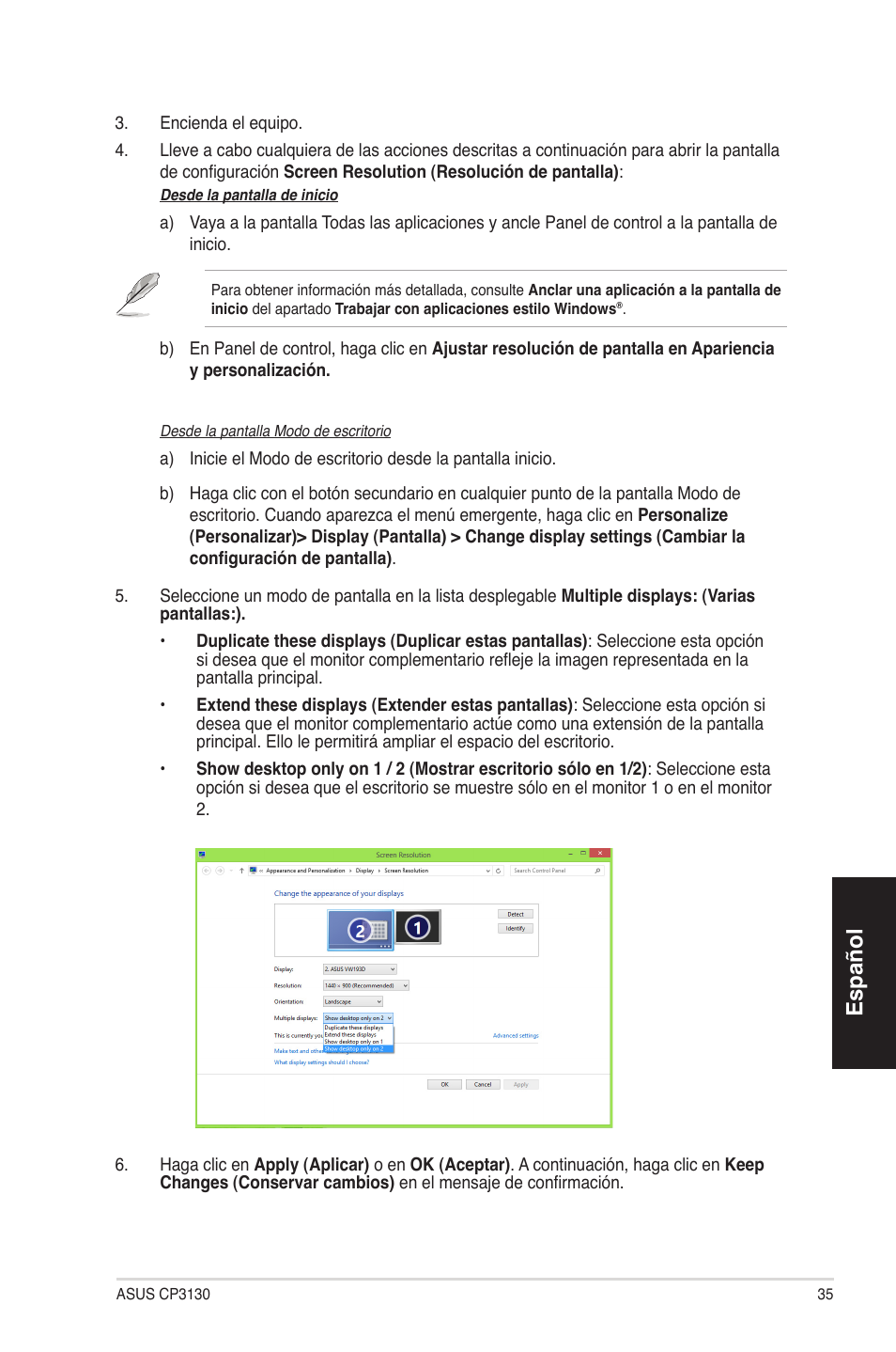 Español | Asus CP3130 User Manual | Page 35 / 68