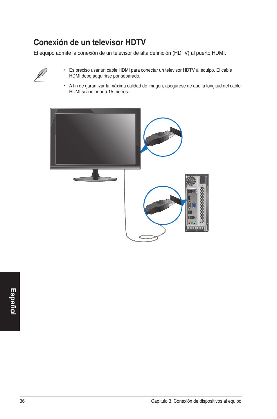 Conexión de un televisor hdtv, Español | Asus CP3130 User Manual | Page 36 / 68