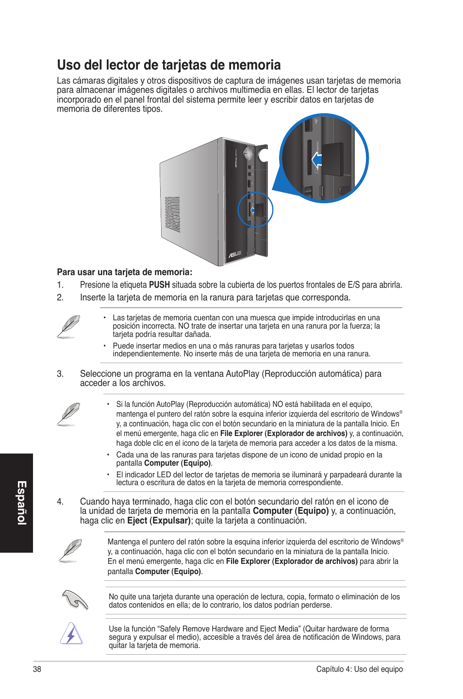 Uso del lector de tarjetas de memoria, Español | Asus CP3130 User Manual | Page 38 / 68