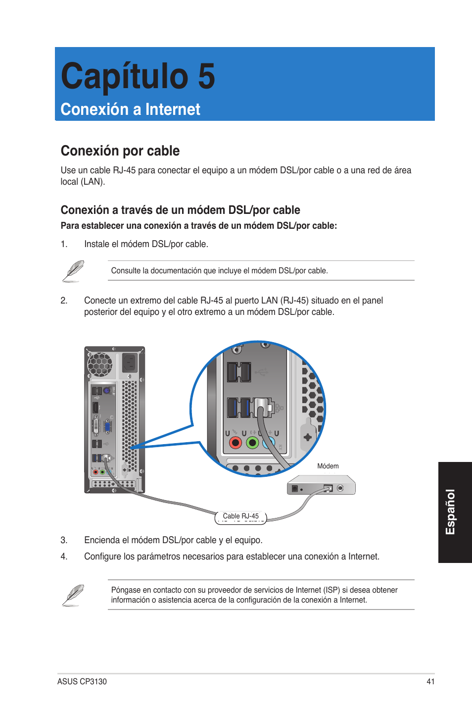 Capítulo 5, Conexión a internet, Conexión por cable | Asus CP3130 User Manual | Page 41 / 68