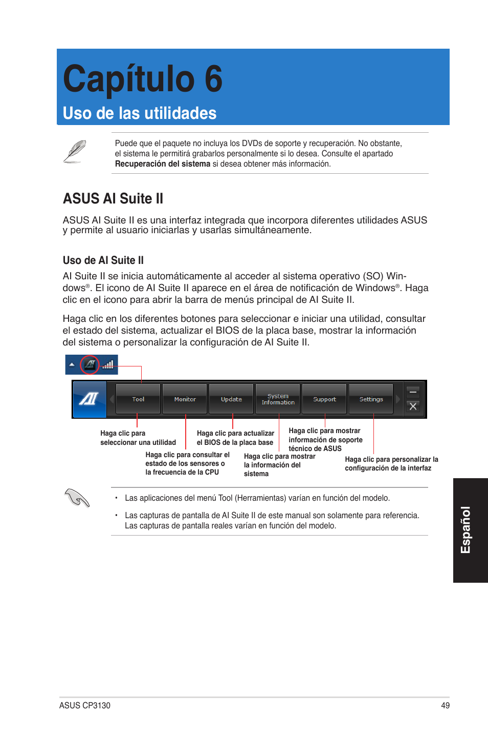 Capítulo 6, Uso de las utilidades, Asus ai suite ii | Español | Asus CP3130 User Manual | Page 49 / 68