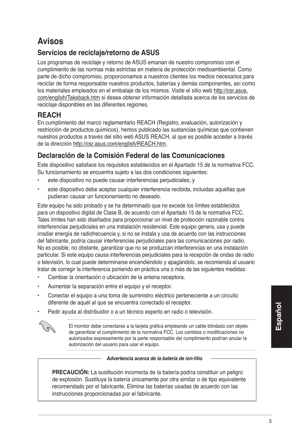 Avisos, Español, Servicios de reciclaje/retorno de asus | Reach | Asus CP3130 User Manual | Page 5 / 68